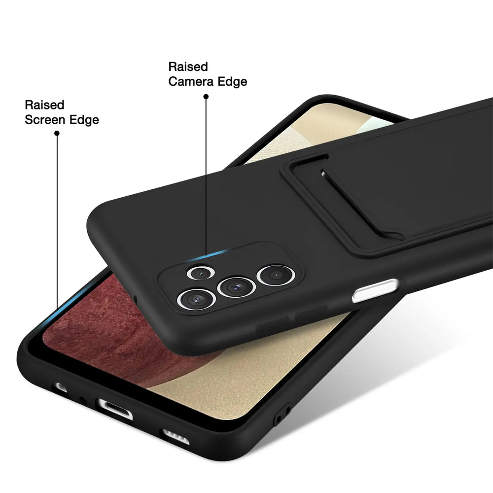 Schwarze Slim Hülle aus Kunststoff mit Kartenfach, zeigt Samsung Galaxy A54 5G, von oben.