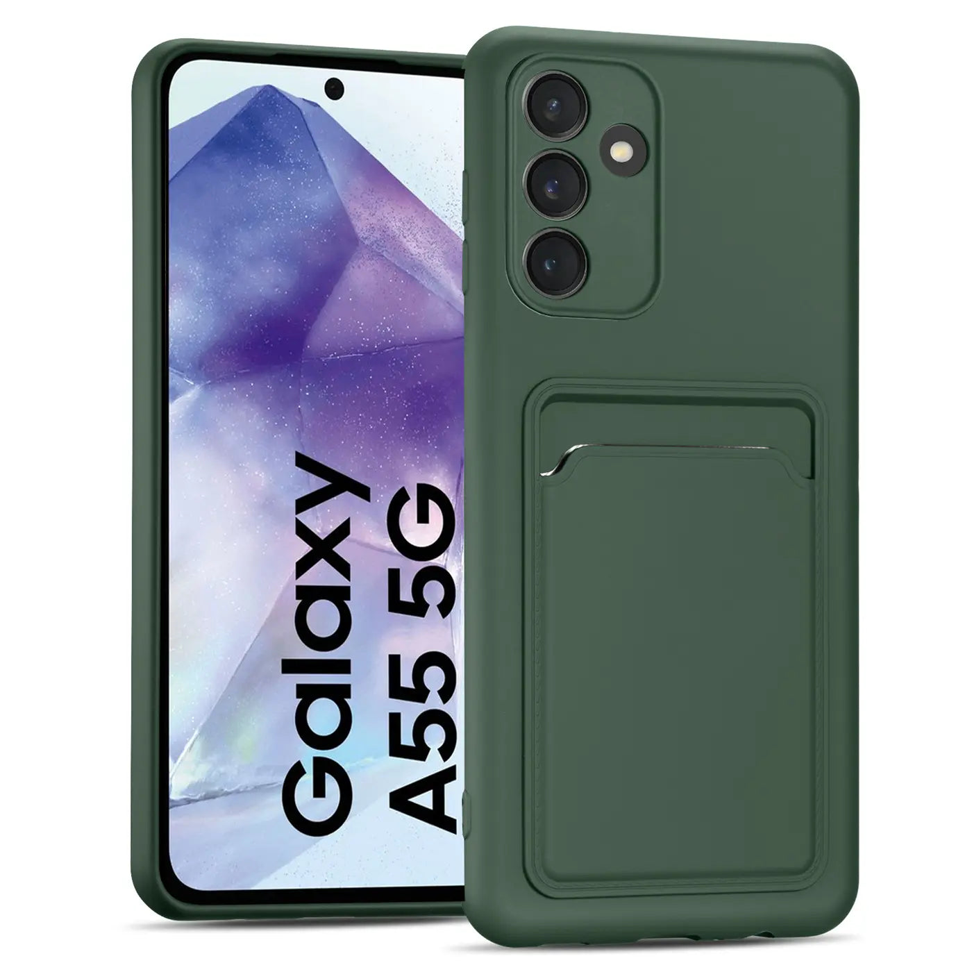 Dunkelgrüne Slim Hülle aus Kunststoff mit Kartenfach, zeigt Samsung Galaxy A55 5G.