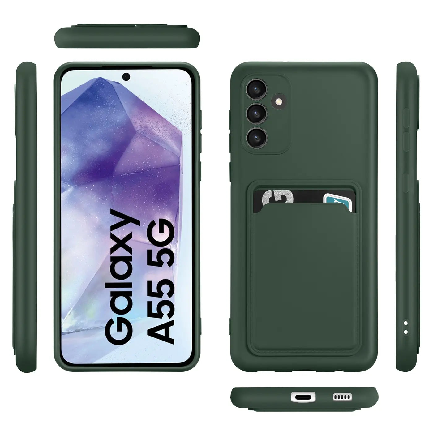 Dunkelgrüne Slim Hülle mit Kartenfach für Samsung Galaxy A55 5G, verschiedene Ansichten.
