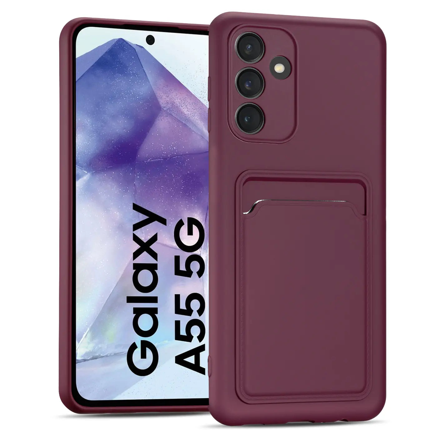 Dunkelrote Slim Hülle mit Kartenfach für Samsung Galaxy A55 5G, von vorne/leicht schräg