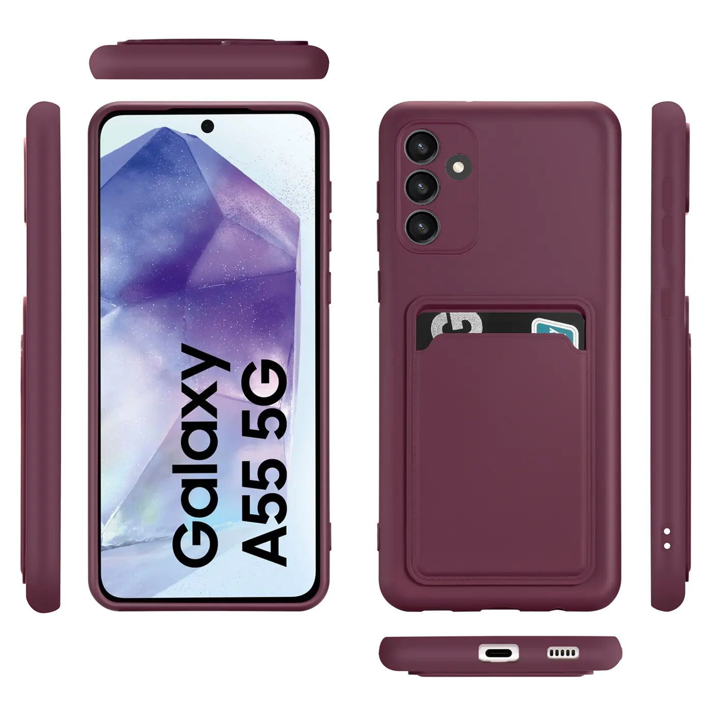 Dunkelrote Slim-Hülle mit Kartenfach für Samsung Galaxy A55 5G, verschiedene Ansichten.