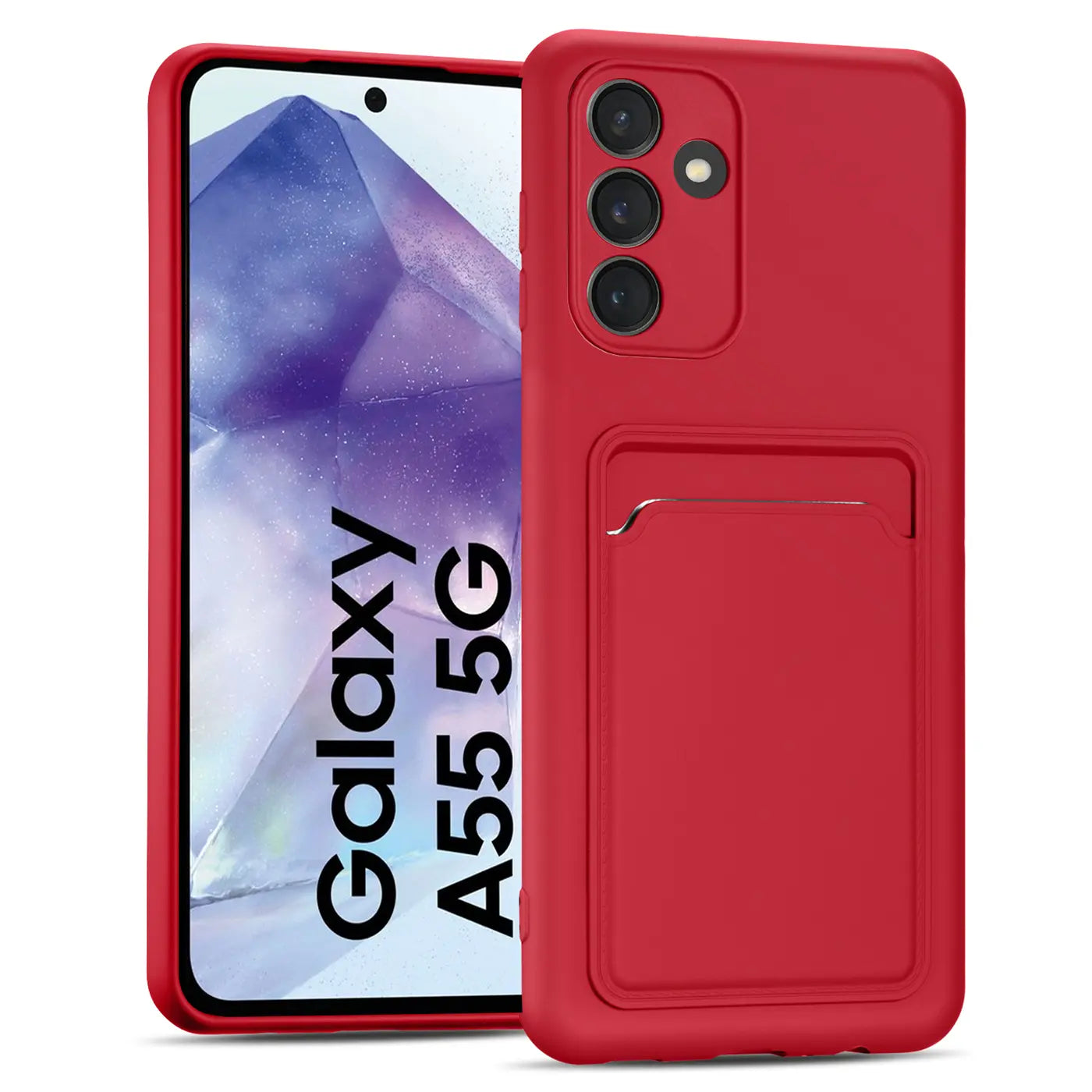 Rote Slim Hülle aus Kunststoff mit Kartenfach für Samsung Galaxy A55 5G, von vorne schräg gezeigt.