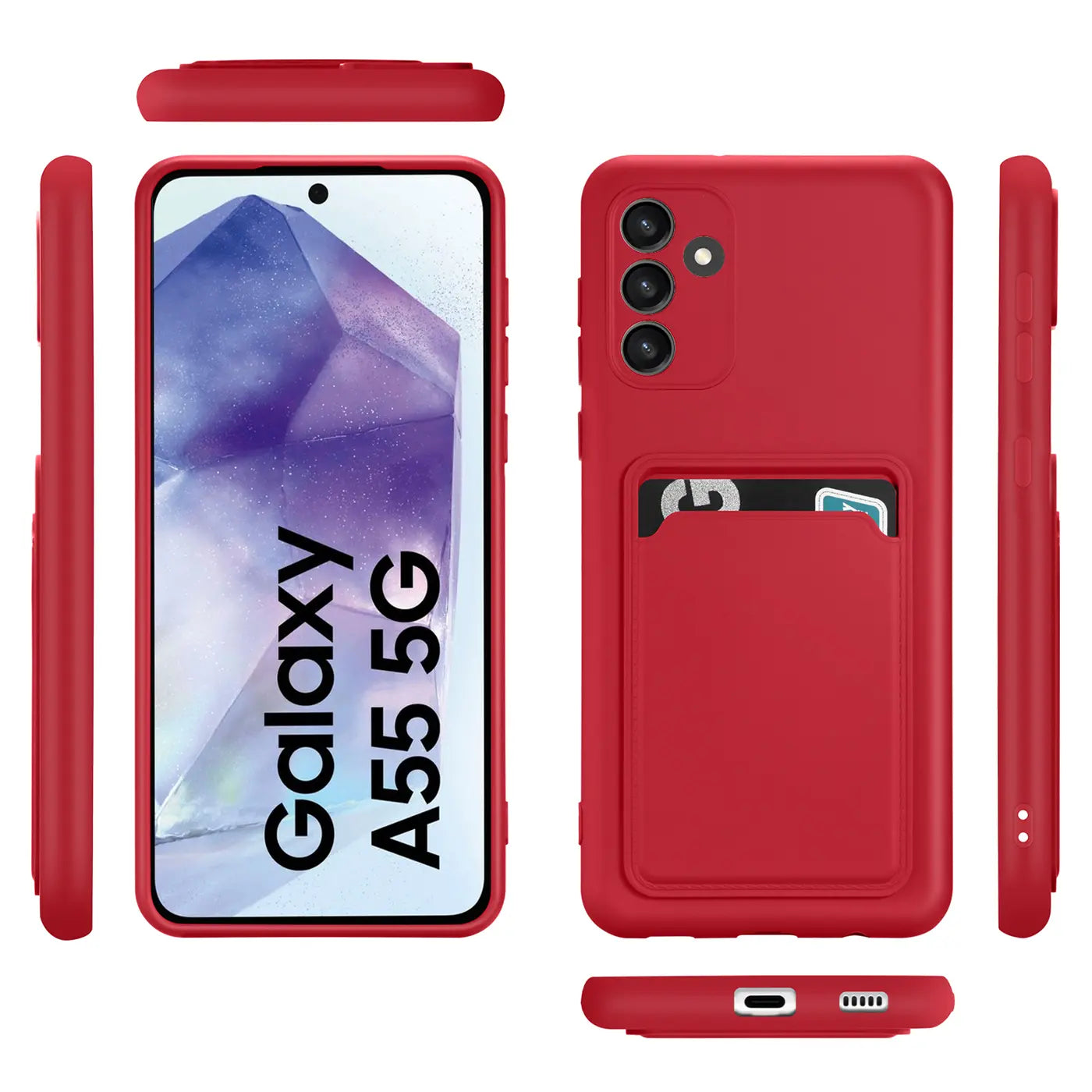 Rote Slim Hülle mit Kartenfach für Samsung Galaxy A55 5G, verschiedene Ansichten.