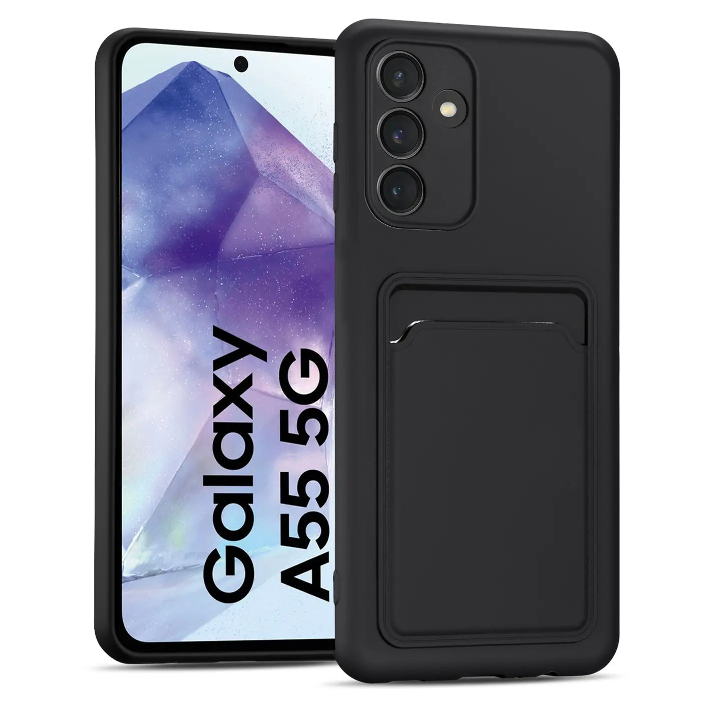 Schwarze Slim Hülle aus Kunststoff mit Kartenfach, zeigt Samsung Galaxy A55 5G.