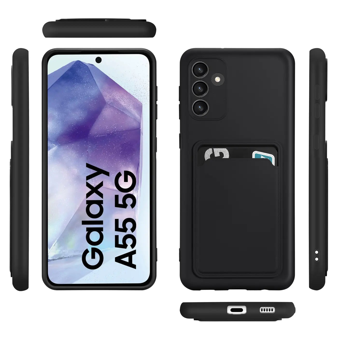 Schwarze Slim Hülle mit Kartenfach für Samsung Galaxy A55 5G, verschiedene Ansichten.