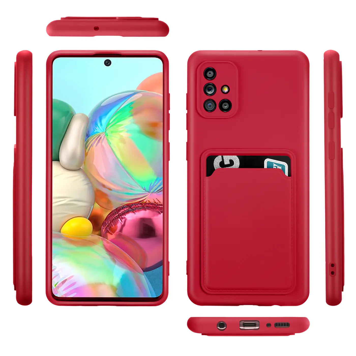Rote Slim Hülle aus Kunststoff mit Kartenfach für Samsung Galaxy A71, verschiedene Ansichten.