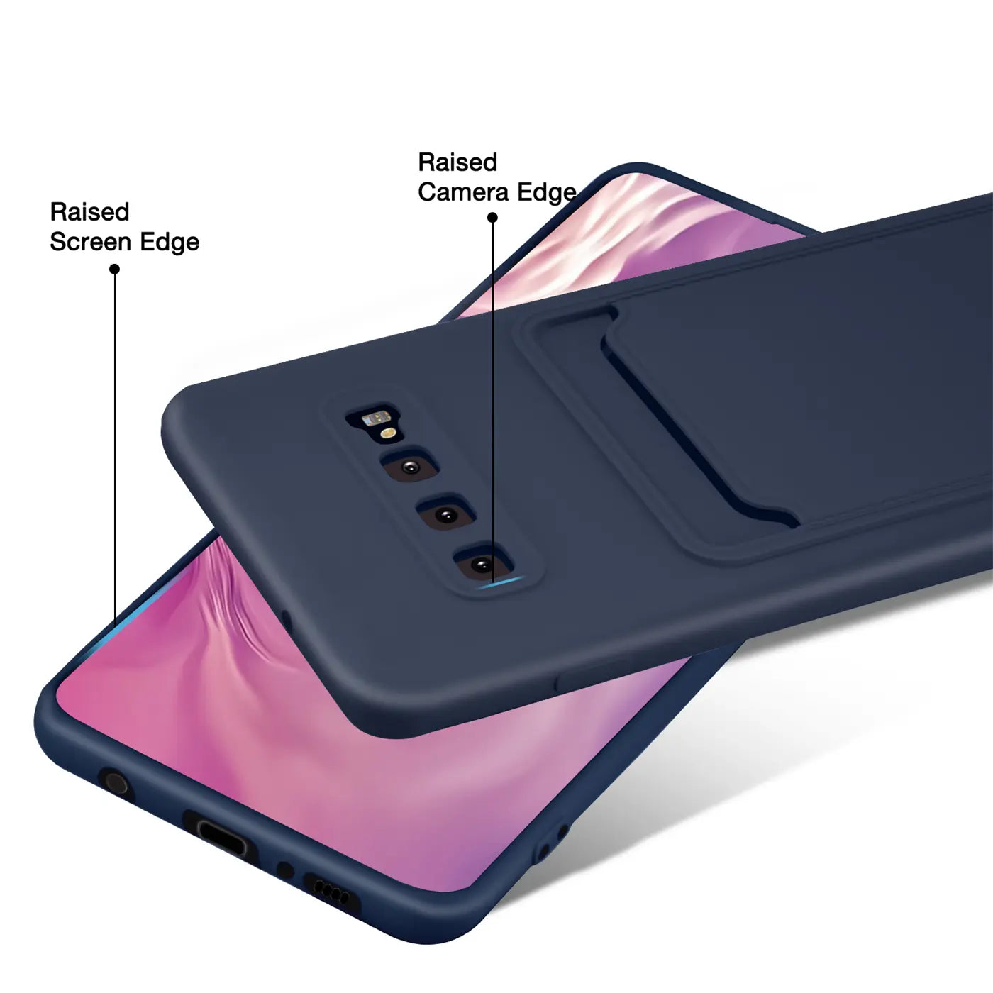 Dunkelblaue Slim Hülle aus Kunststoff mit Kartenfach auf Samsung Galaxy S10, von schräg oben.