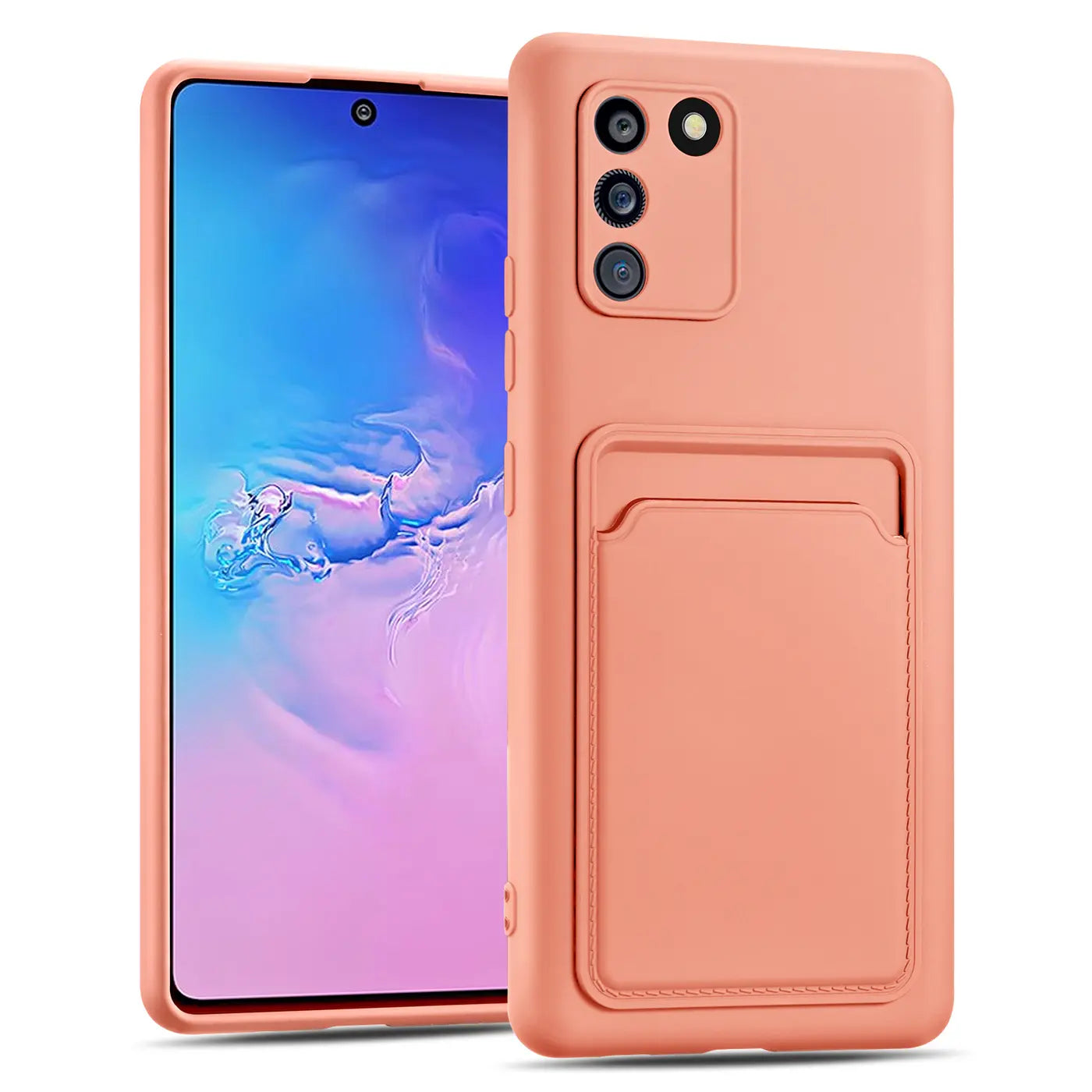 Korallefarbene Hülle aus Kunstleder mit Kartenfach für Samsung Galaxy S10 Lite, von vorne leicht schräg.