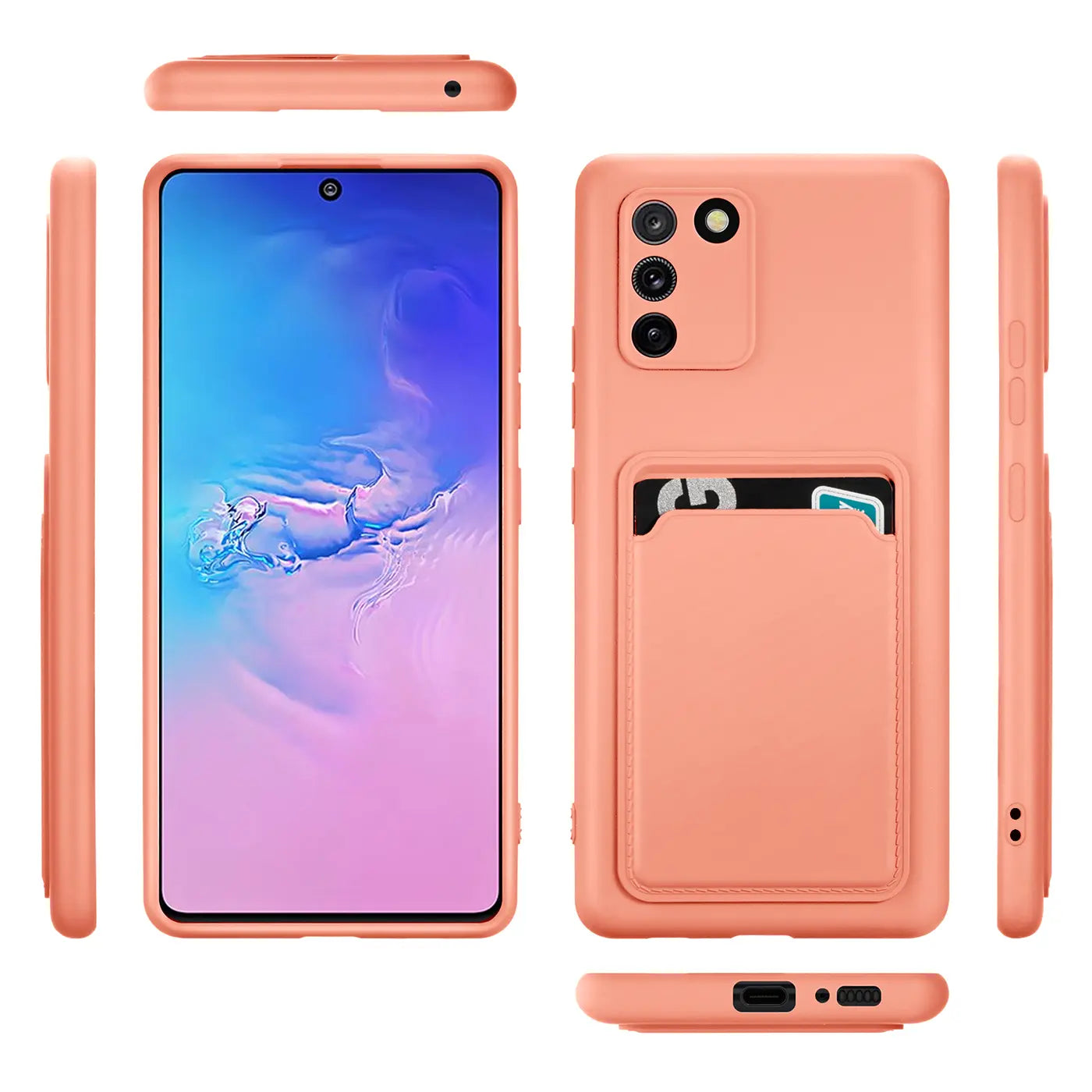 Orange Hülle mit Kartenfach, verschiedene Ansichten, Samsung Galaxy S10 Lite.