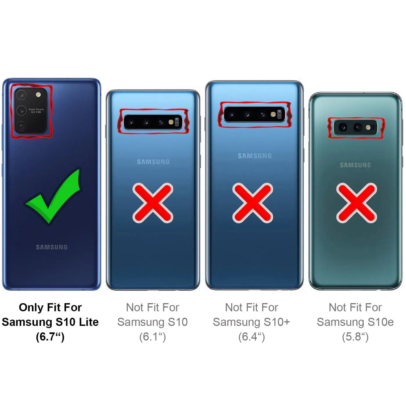 Samsung Galaxy S10 Lite (blau) mit Häkchen, daneben S10, S10+, S10e (blau/grün) mit Kreuzen.