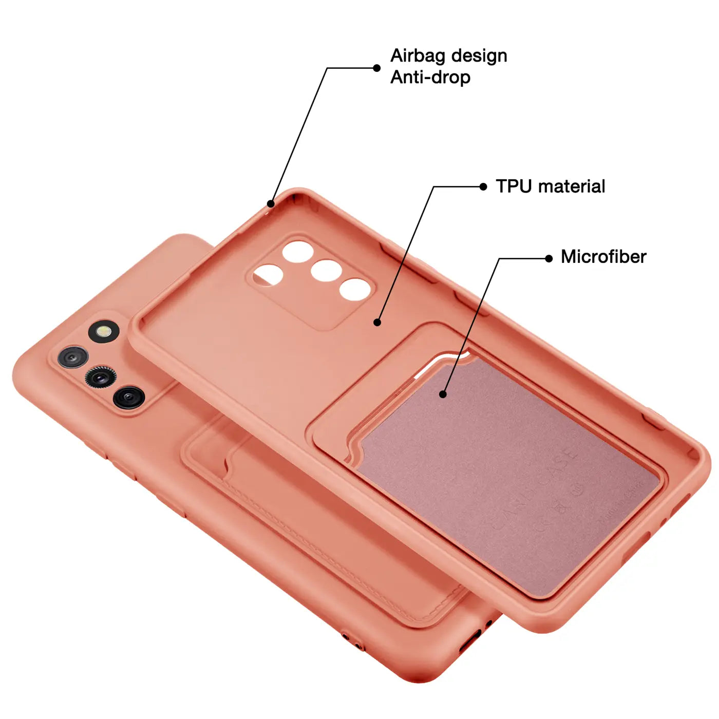 Orange TPU Hülle mit Kartenfach, von oben, für Samsung S10 Lite.