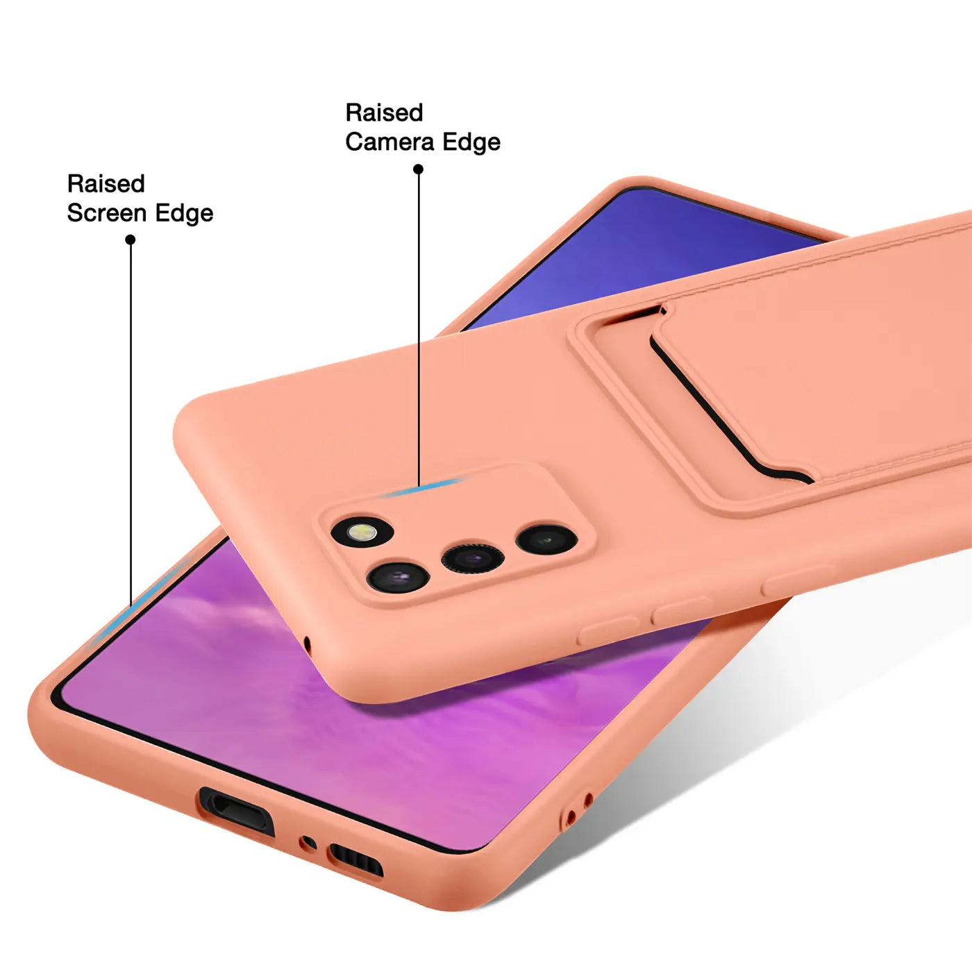 Pfirsichfarbene Hülle aus Silikon für Samsung S10 Lite mit Kartenfach, von schräg oben.