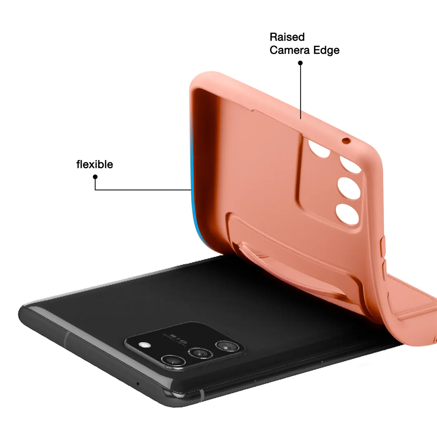 Orange flexible Hülle mit Kartenfach wird auf ein schwarzes Samsung Galaxy S10 Lite gelegt.