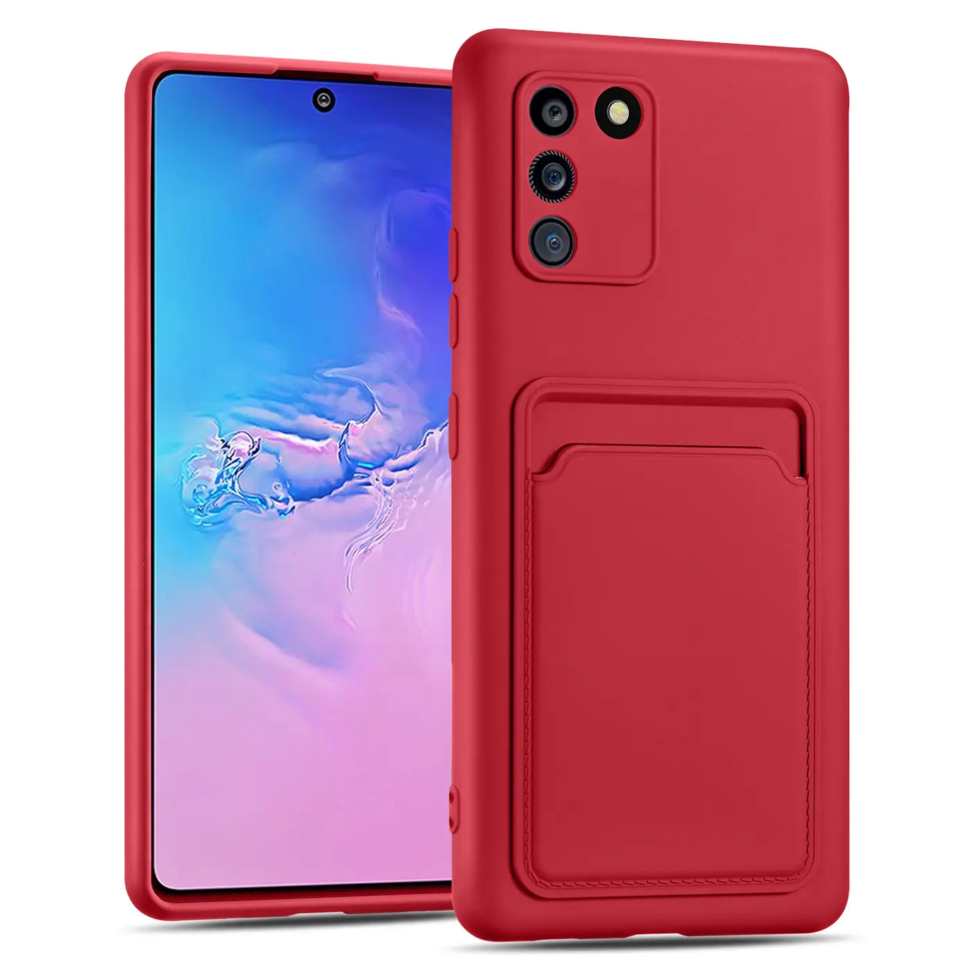 Rote Hülle mit Kartenfach für Samsung Galaxy S10 Lite, aus Kunststoff, von vorne schräg