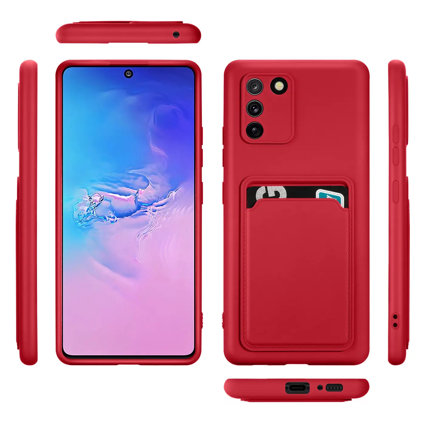 Rote Slim Hülle aus Kunststoff mit Kartenfach für Samsung Galaxy S10 Lite, verschiedene Ansichten.