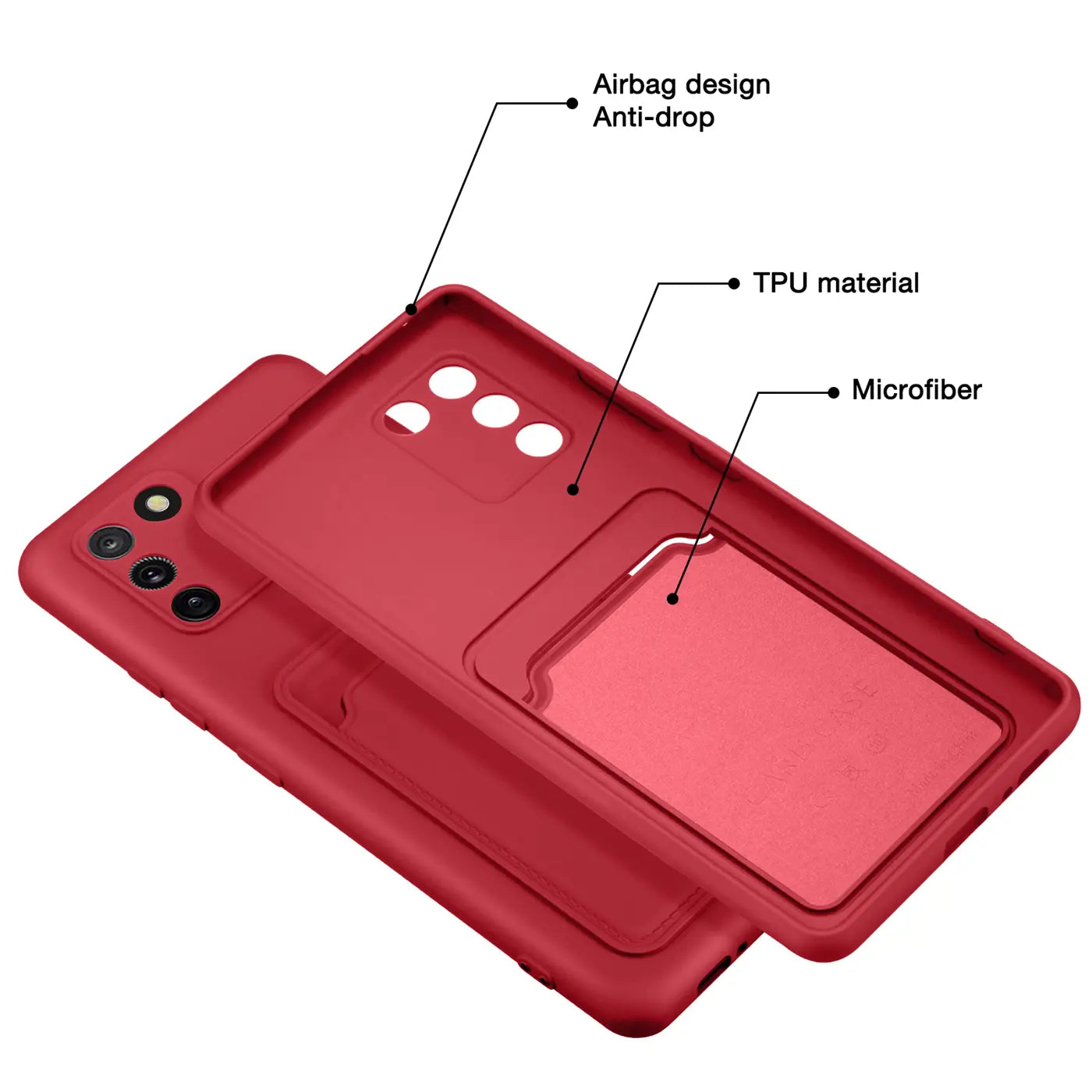 Rote TPU-Hülle mit Kartenfach für Samsung Galaxy S10 Lite, von schräg oben gezeigt.