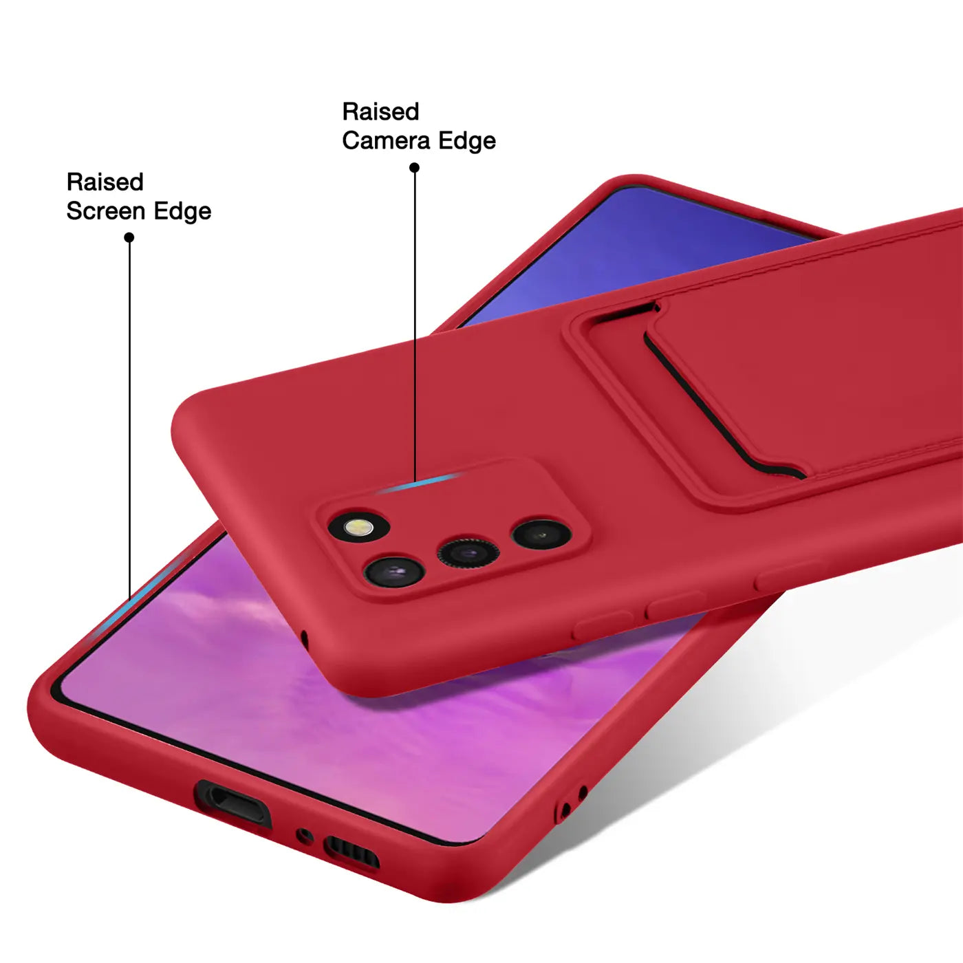 Rote Slim Hülle aus Kunststoff mit Kartenfach, zeigt Samsung S10 Lite von hinten.