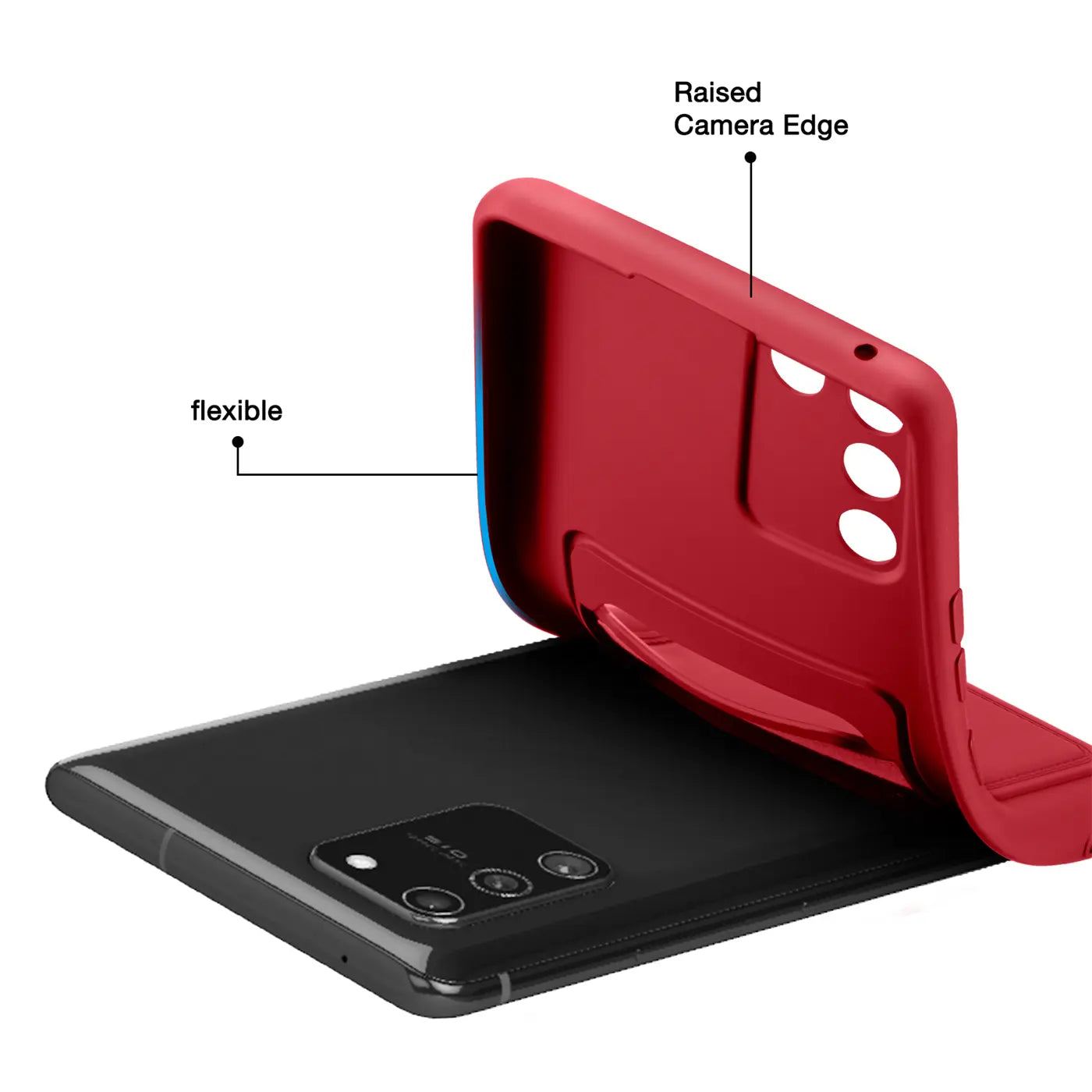 Rote flexible Hülle mit Kartenfach wird auf schwarzes Samsung S10 Lite aufgesetzt.