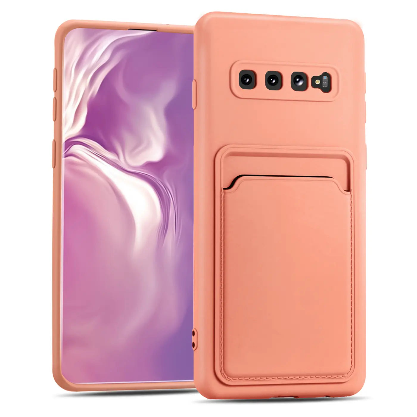 Orange Slim Hülle mit Kartenfach für Samsung Galaxy S10 Plus, Lederoptik, Rückansicht.
