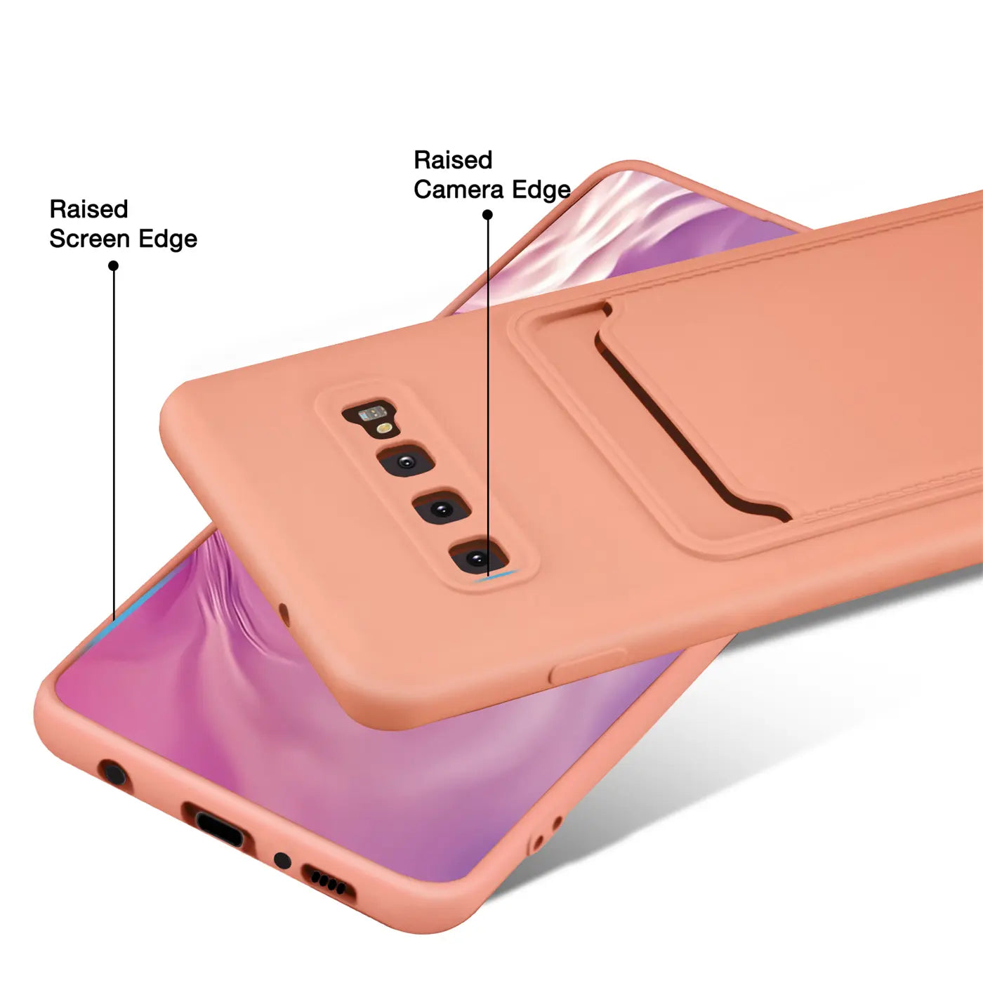 Pfirsichfarbene Hülle aus Kunststoff mit Kartenfach für Samsung S10 Plus, Rückansicht