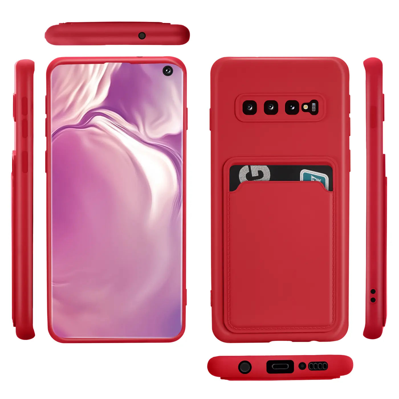 Rote Slim Hülle mit Kartenfach für Samsung S10 Plus, verschiedene Ansichten