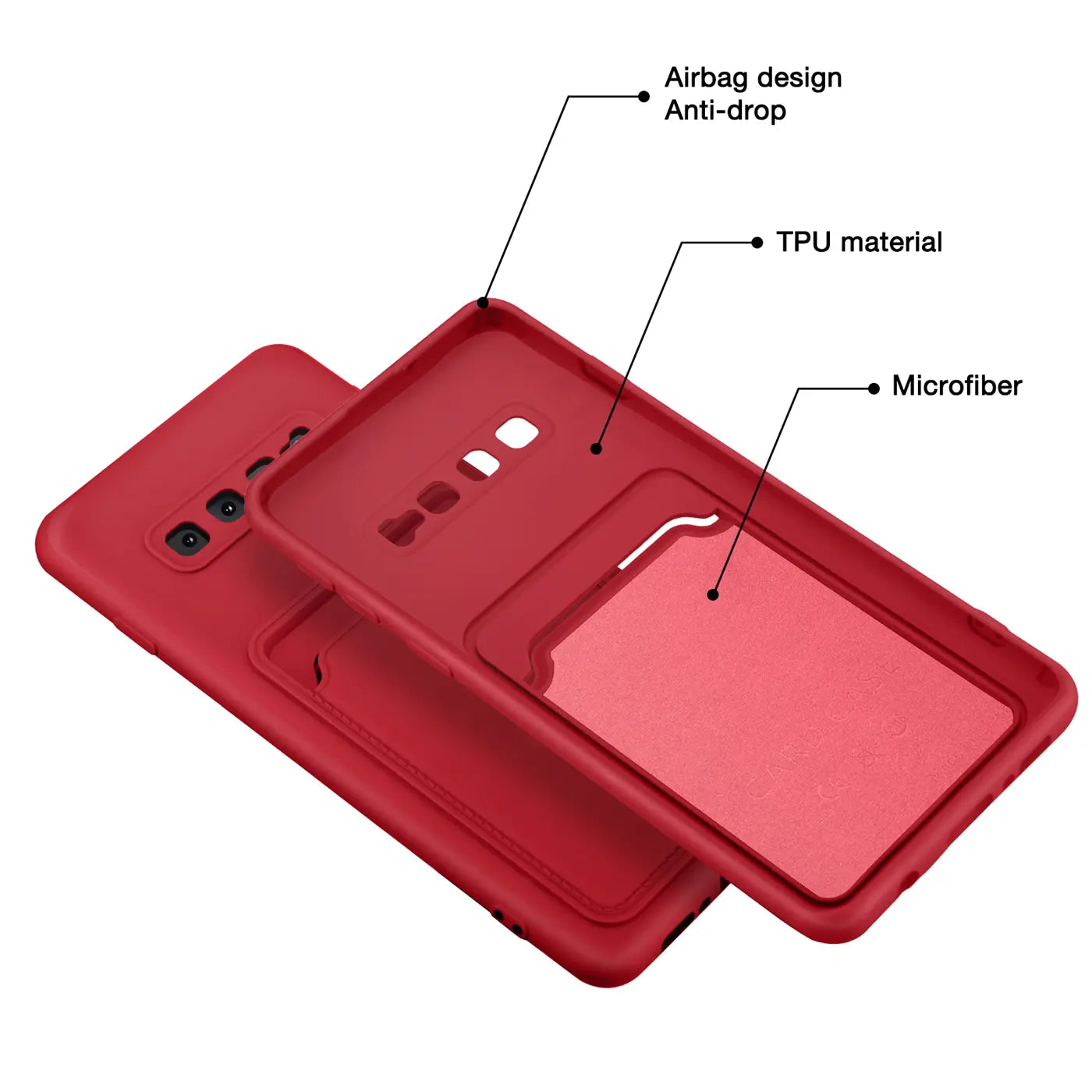 Rote TPU-Hülle mit Kartenfach für Samsung S10 Plus, Innenfutter Mikrofaser, von oben.