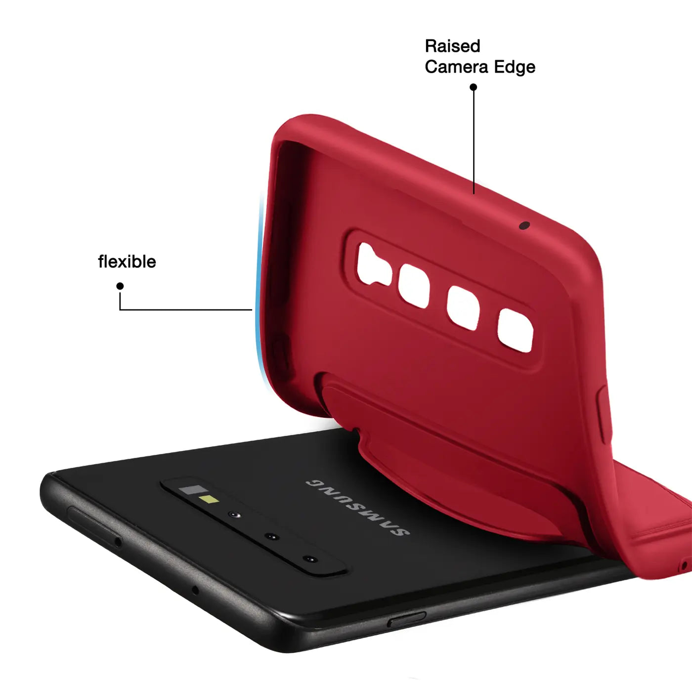 Rote flexible Hülle wird auf ein schwarzes Samsung S10 Plus aufgesetzt.