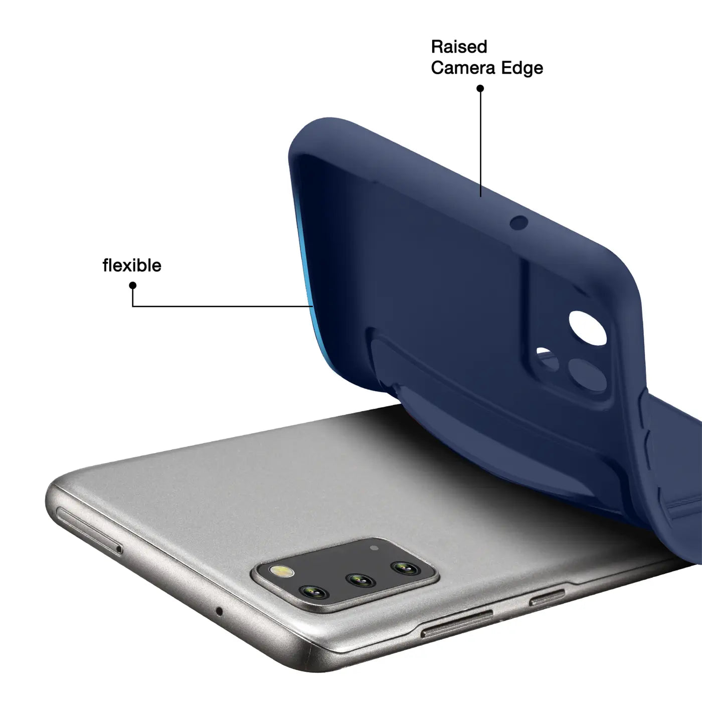 Dunkelblaue flexible Hülle wird auf ein silbernes Samsung S20 aufgesetzt.