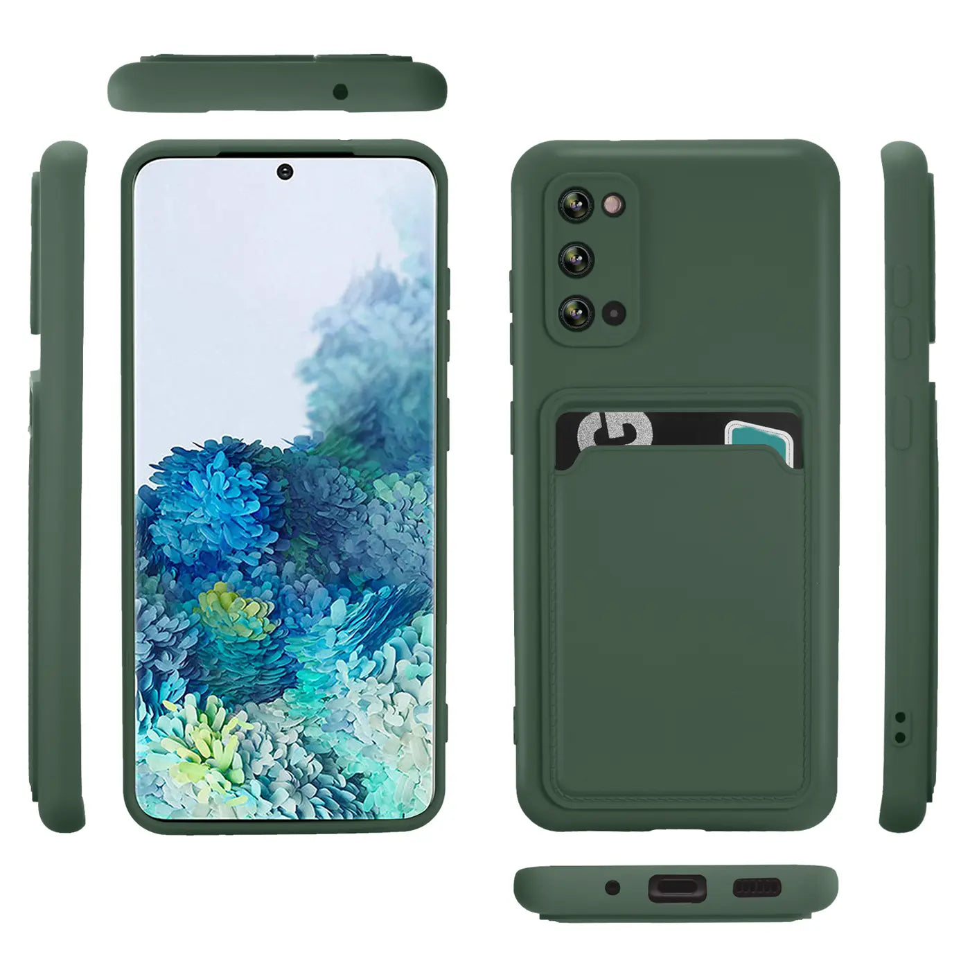Dunkelgrüne Handyhülle aus Silikon mit Kartenfach für Samsung Galaxy S20, verschiedene Ansichten.