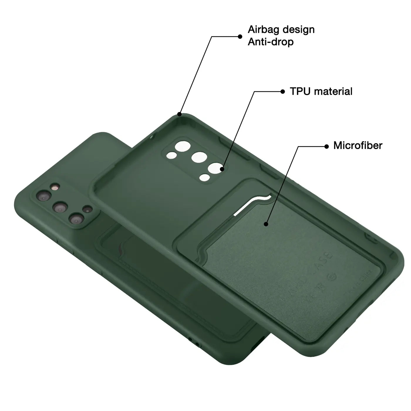 Dunkelgrüne TPU-Hülle mit Kartenfach, Innenfutter aus Mikrofaser, für Samsung S20.
