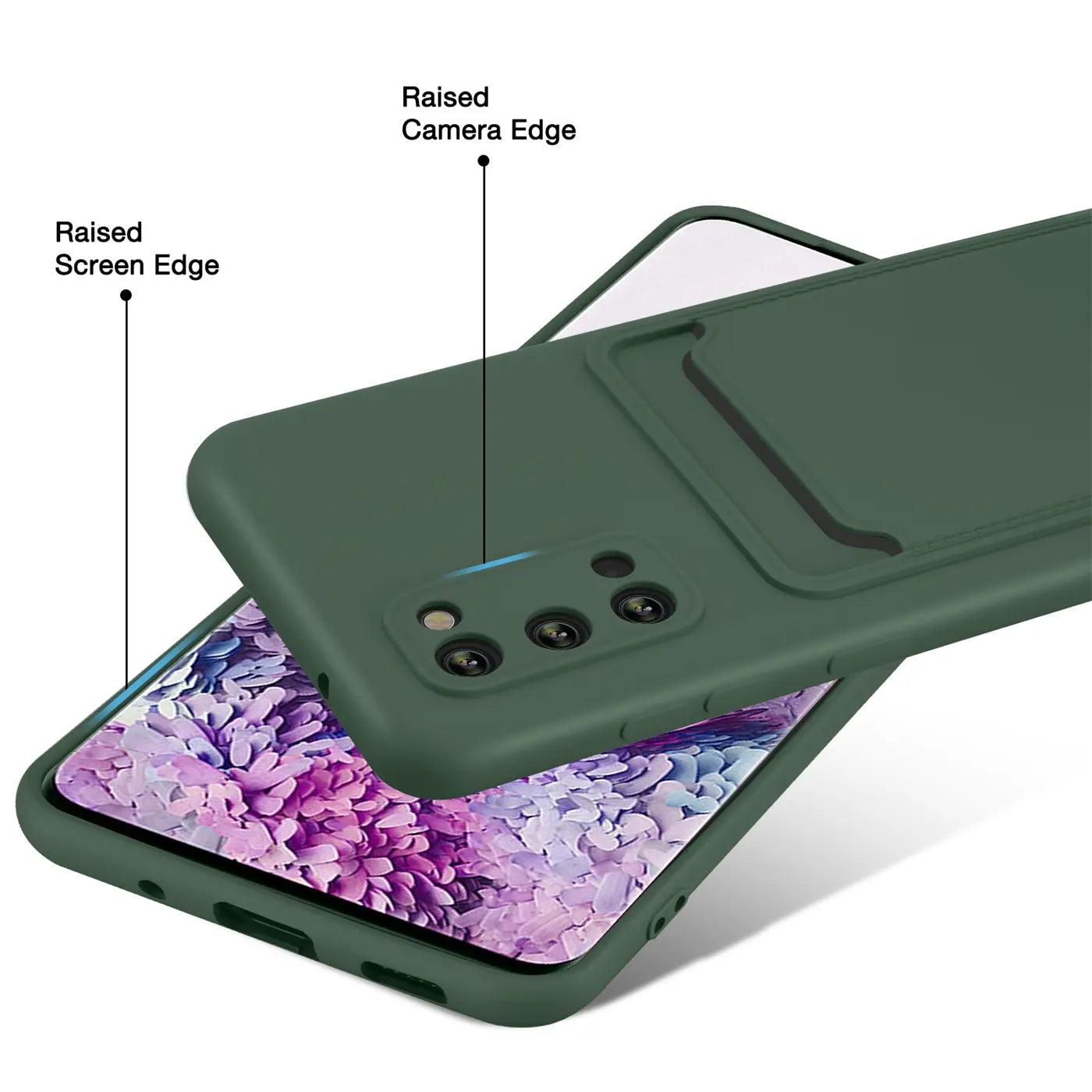 Dunkelgrüne Slim Hülle aus Kunststoff mit Kartenfach, zeigt Samsung S20, von oben schräg