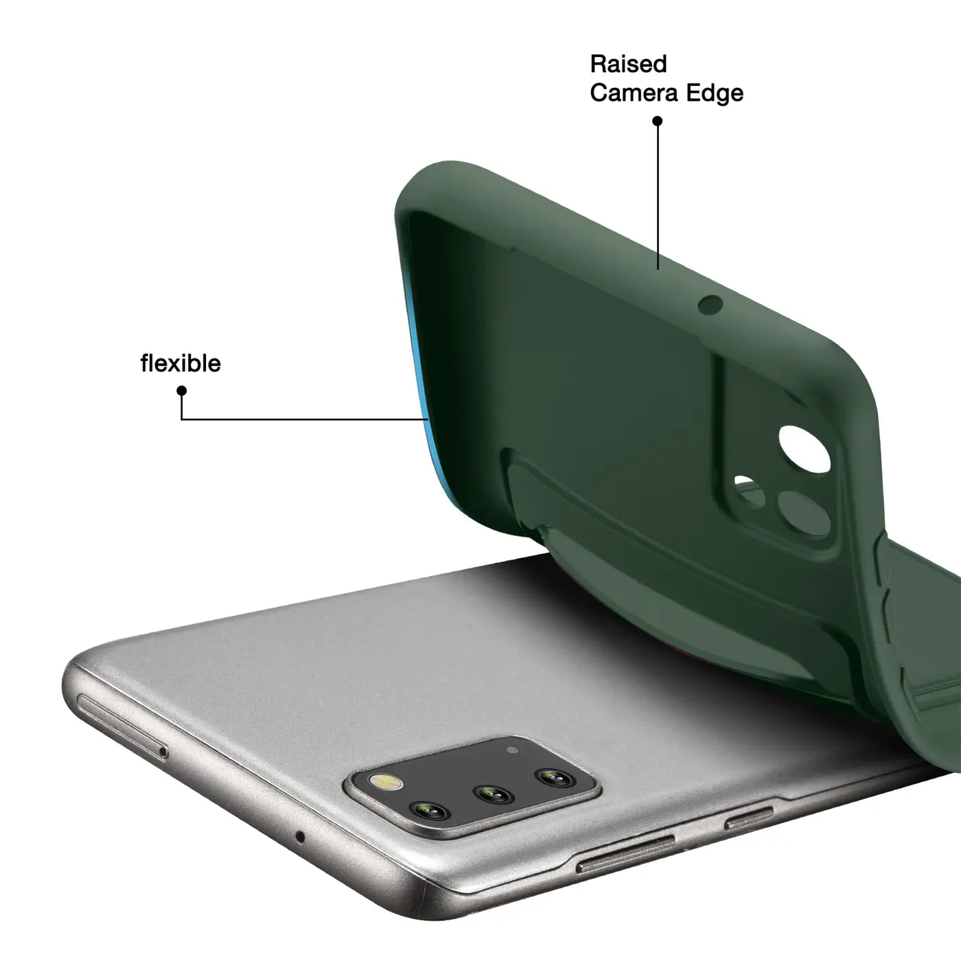 Dunkelgrüne flexible Handyhülle aus Kunststoff, wird auf ein silbernes Samsung Galaxy S20 aufgesetzt.