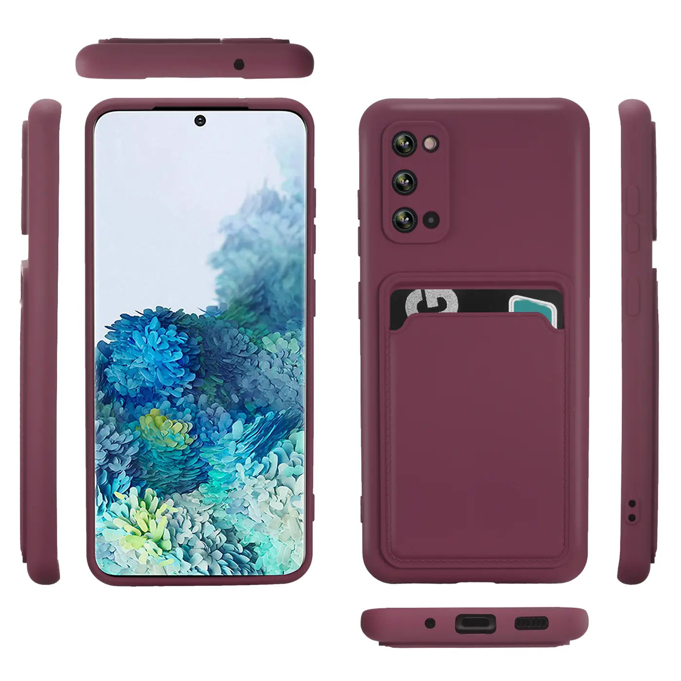 Dunkelrote Slim Hülle mit Kartenfach für Samsung Galaxy S20, verschiedene Ansichten