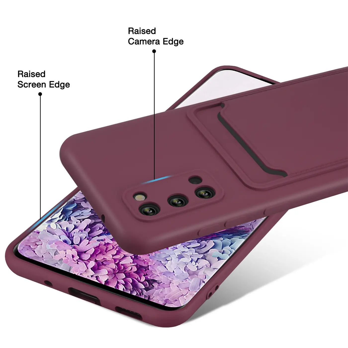 Dunkelrote Slim Hülle mit Kartenfach auf Samsung S20, Seitenansicht.