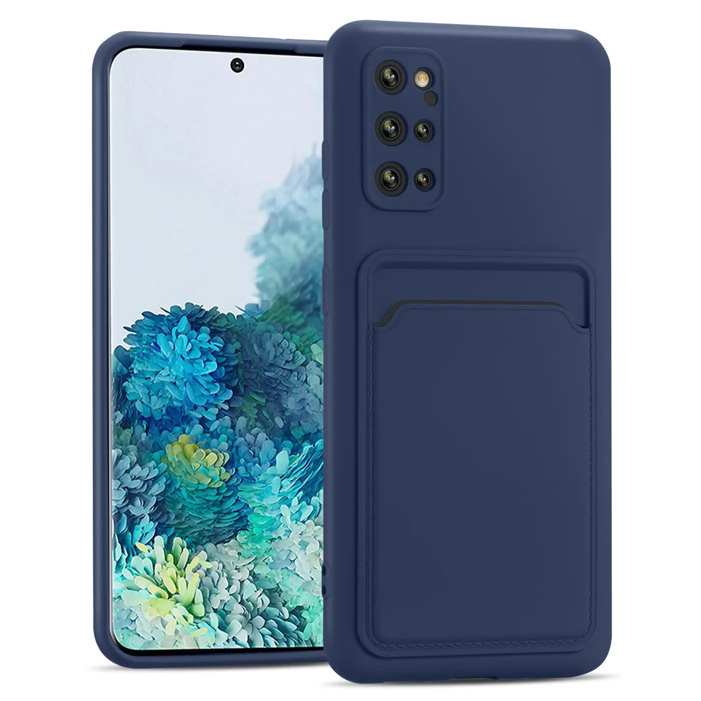 Dunkelblaue Slim Hülle mit Kartenfach für Samsung Galaxy S20 Plus, von vorne/leicht schräg