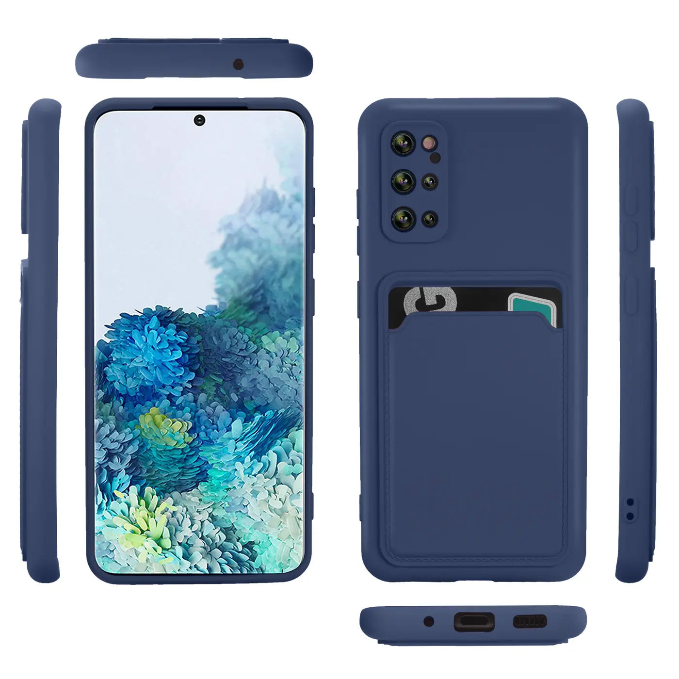 Dunkelblaue Handyhülle aus Silikon mit Kartenfach für Samsung Galaxy S20 Plus, verschiedene Ansichten
