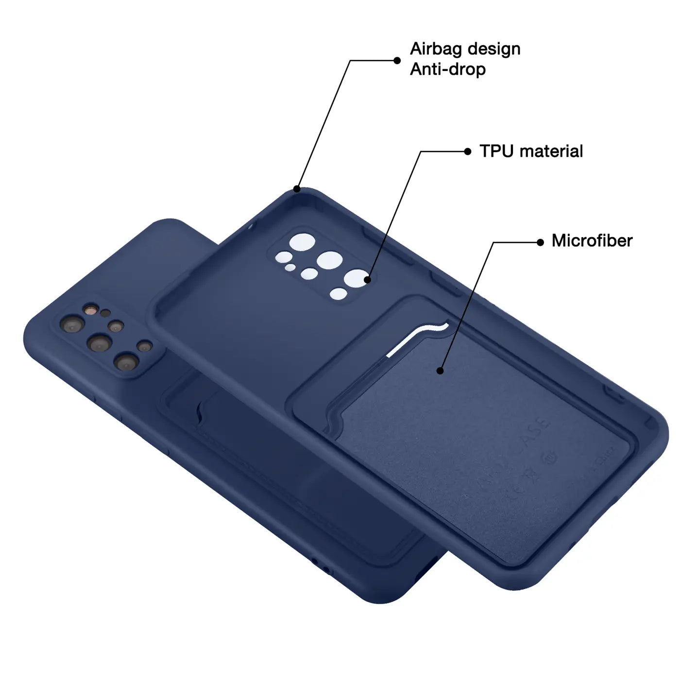 Dunkelblaue TPU-Hülle mit Kartenfach, von schräg oben, für Samsung S20 Plus.