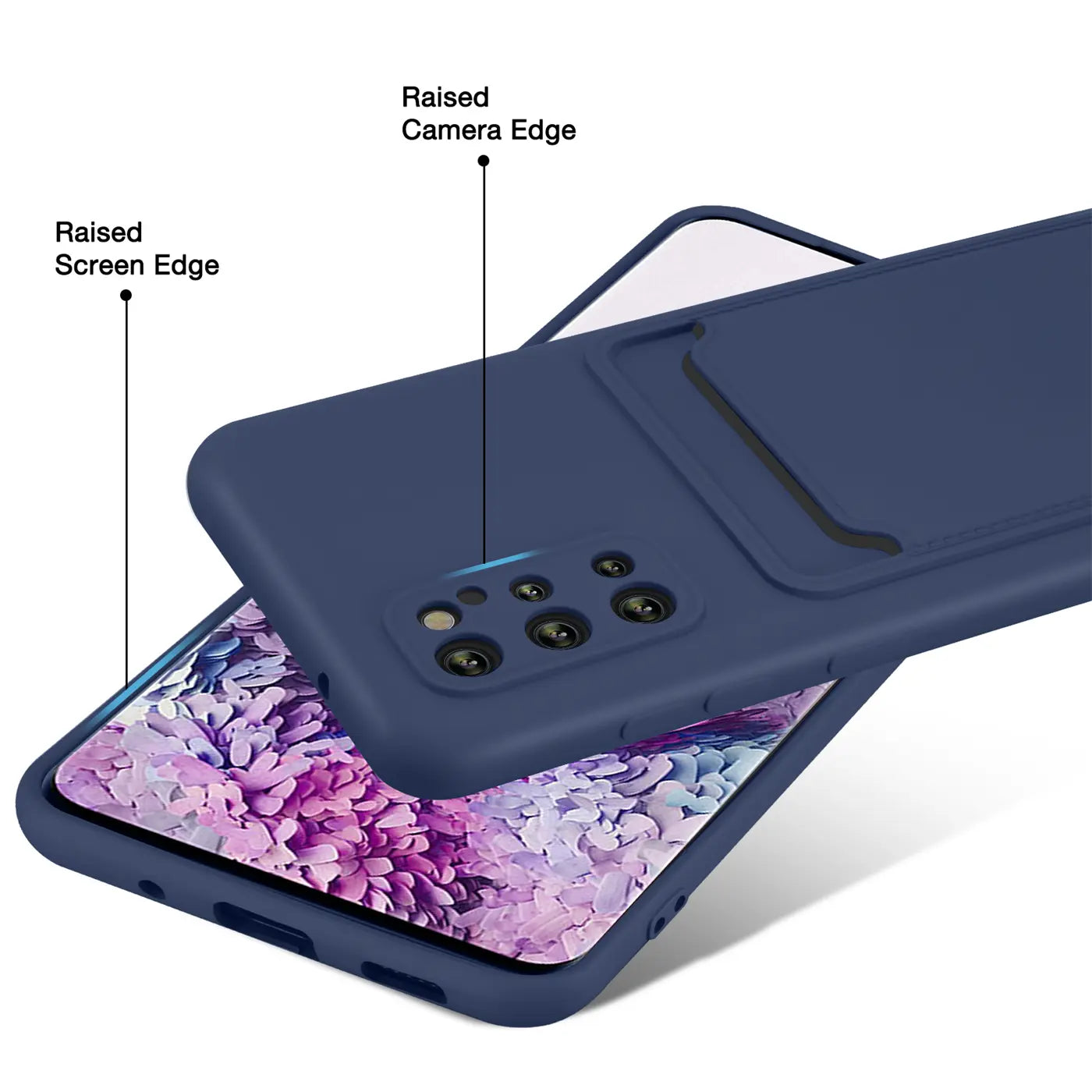 Dunkelblaue Slim Hülle mit Kartenfach, von oben, auf Samsung S20 Plus.