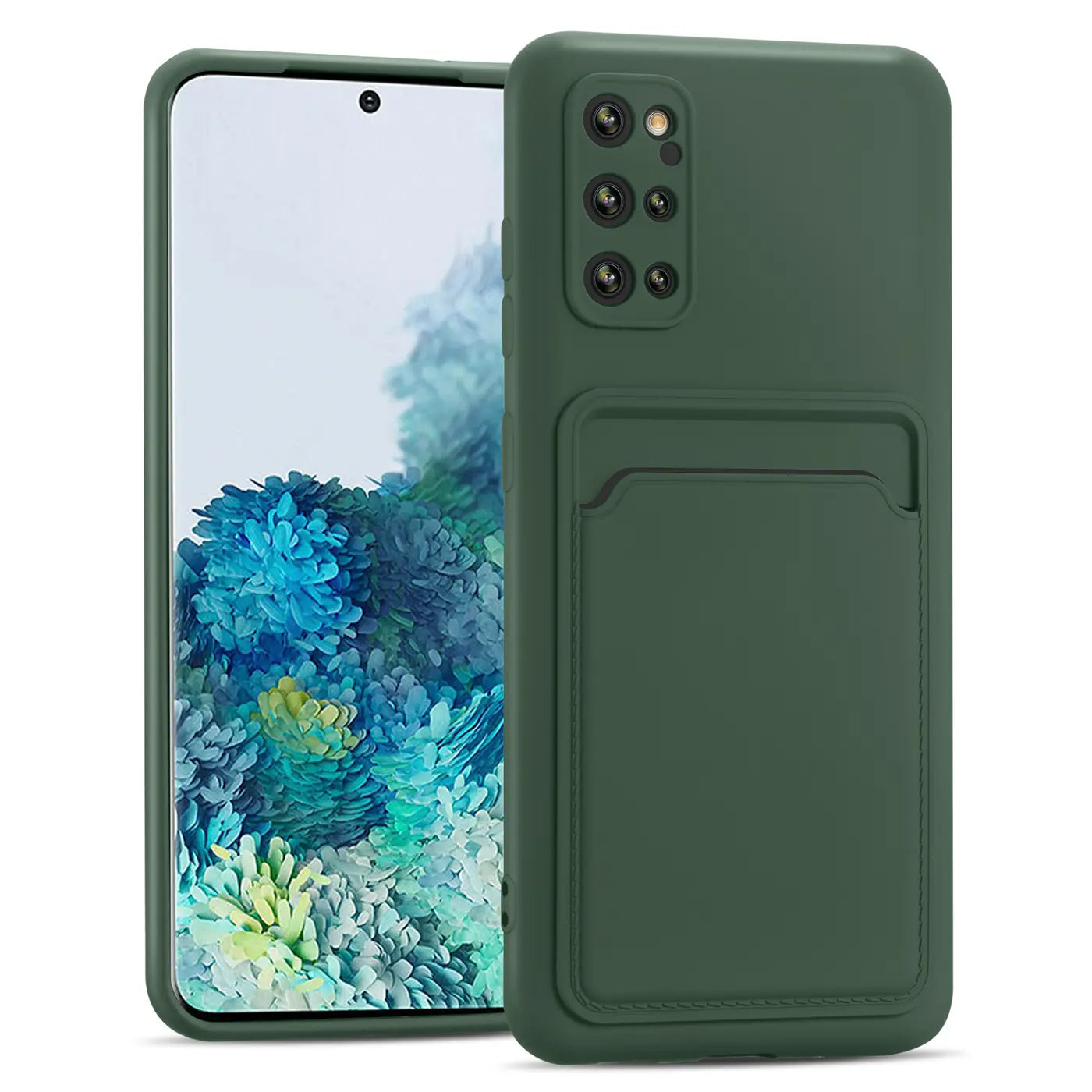 Dunkelgrüne Handyhülle aus Silikon mit Kartenfach für Samsung Galaxy S20 Plus, von vorne schräg