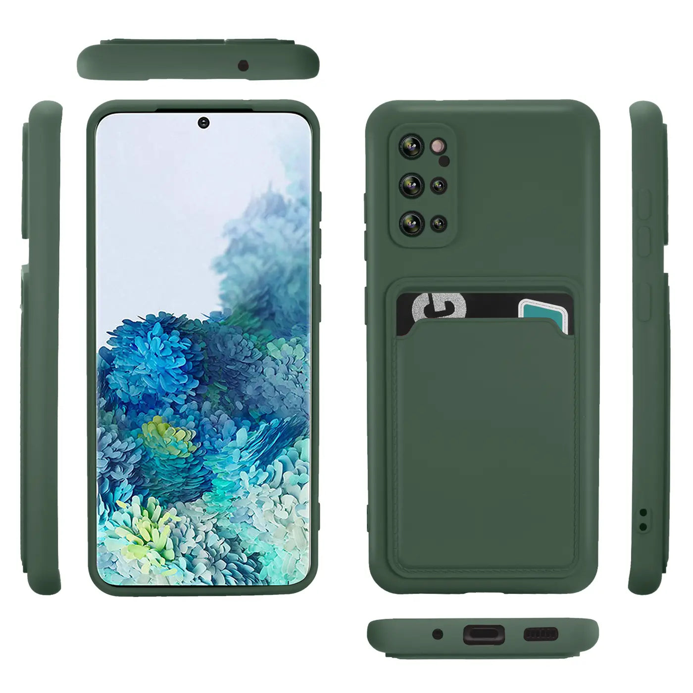 Dunkelgrüne Handyhülle aus Silikon mit Kartenfach für Samsung Galaxy S20 Plus, verschiedene Ansichten.