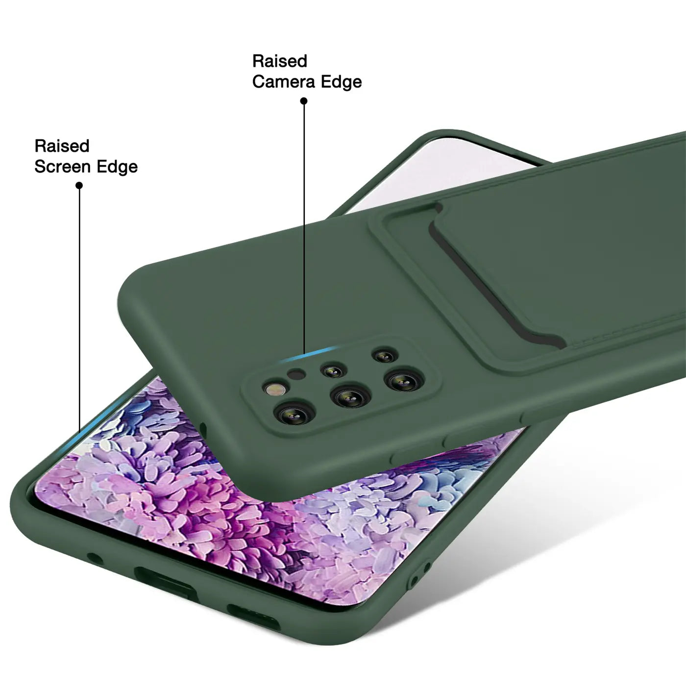 Dunkelgrüne Handyhülle aus Kunststoff mit Kartenfach, zeigt Samsung S20 Plus von hinten.
