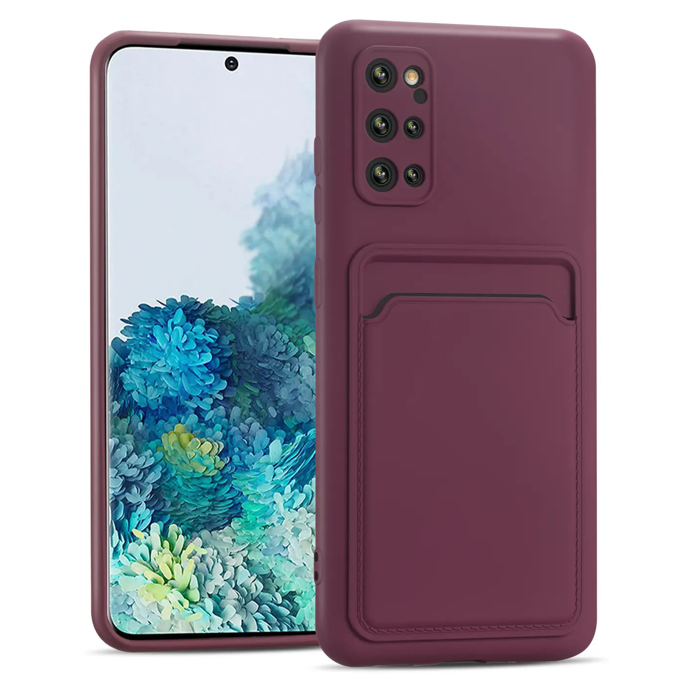Dunkelrote Slim Hülle aus Kunststoff mit Kartenfach, Vorderansicht, Samsung S20 Plus.