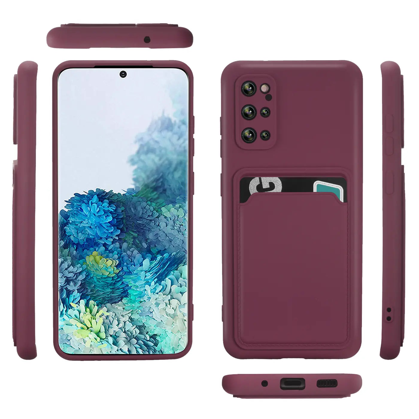 Dunkelrote Hülle aus Silikon für Samsung Galaxy S20 Plus mit Kartenfach, verschiedene Ansichten.