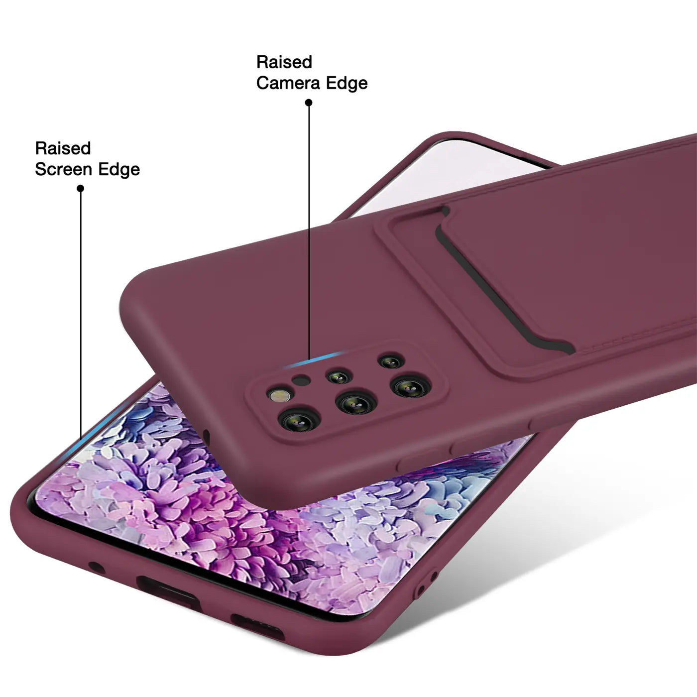 Dunkelrote Slim-Hülle aus Kunststoff mit Kartenfach auf Samsung Galaxy S20 Plus.