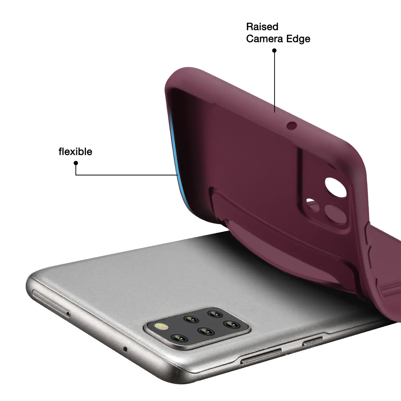 Dunkelrote flexible Hülle wird auf ein silbernes Samsung Galaxy S20 Plus gelegt.