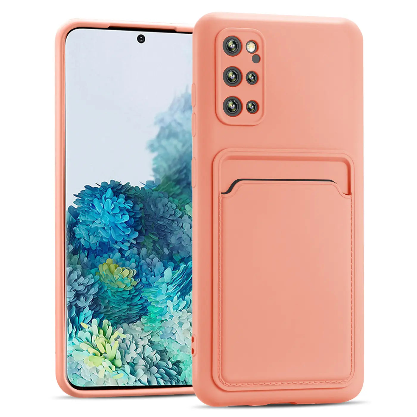 Rosa Hülle aus Silikon mit Kartenfach für Samsung Galaxy S20 Plus, von vorne/leicht schräg.