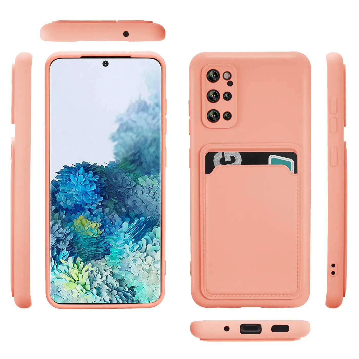 Lachsfarbene Hülle aus Silikon für Samsung S20 Plus mit Kartenfach, verschiedene Ansichten.