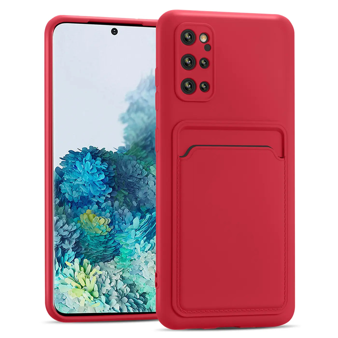 Rote Slim Hülle mit Kartenfach für Samsung S20 Plus, von vorne/schräg.