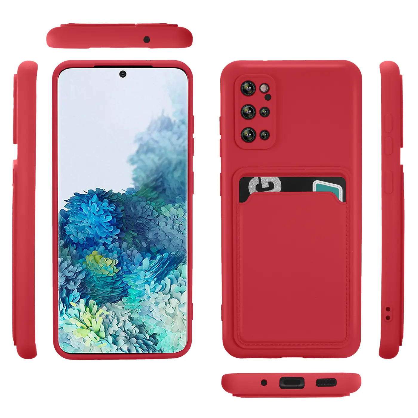 Rote Handyhülle aus Silikon mit Kartenfach für Samsung Galaxy S20 Plus, verschiedene Ansichten.