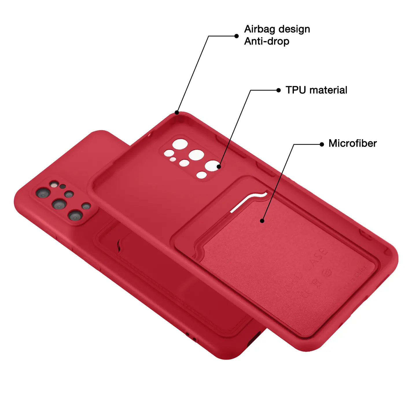 Rote TPU-Hülle mit Kartenfach für Samsung S20 Plus, von oben/schräg gezeigt.